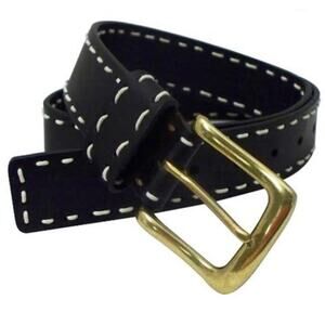 Womens Black Leather White Contrast Stitch Belt Size XXL Brass Buckle Y2K Grunge